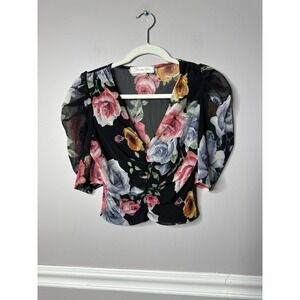 Boutique Floral Sheer Mesh Top Puff Sleeves Ruched V-Neck Romantic Blouse Sz Med